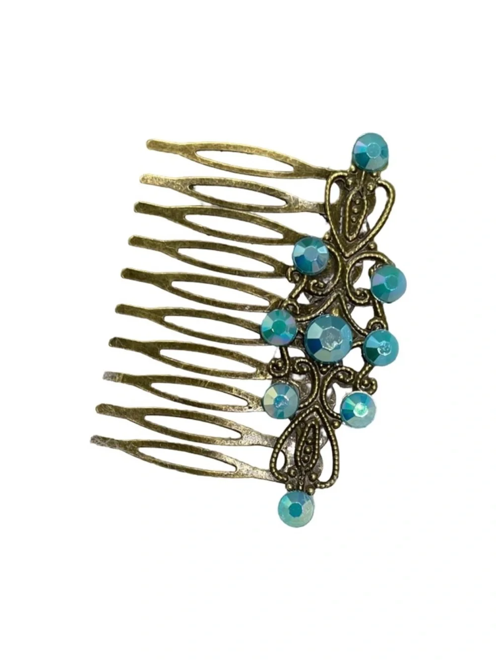 Antique Gold Hair Comb with Teal Blue Crystal Accents FINAL PRICE DROP